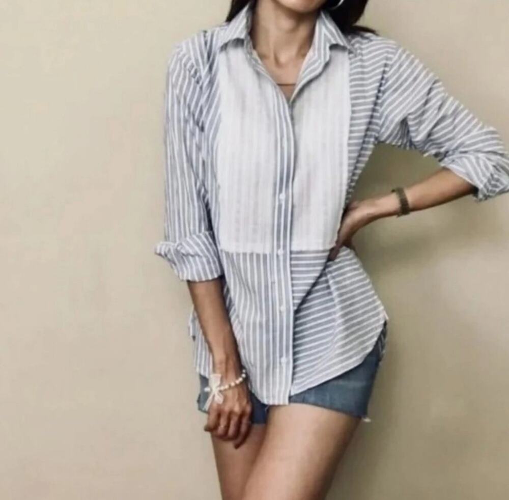 Current Elliott Blue Striped Rosie Button Down Shirt (Small)